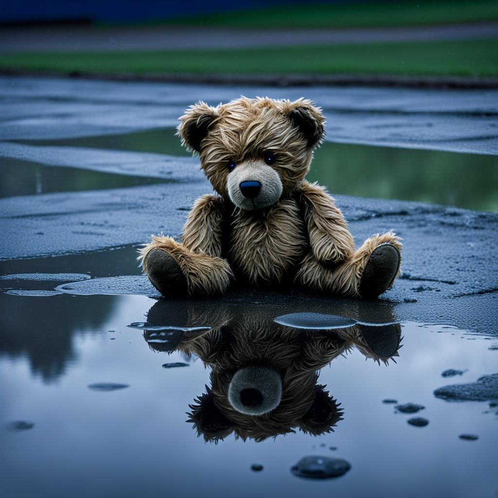 Sad Teddy Bear Abandoned in Rainy Playground