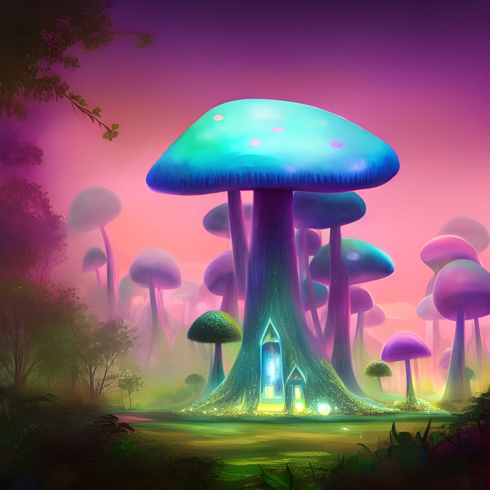 Teal Toadstool Metropolis in Pastel Watercolor