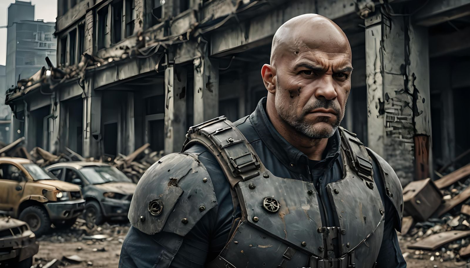 Hyperrealistic Portrait of a Bald Man in Post-Apocalyptic St...