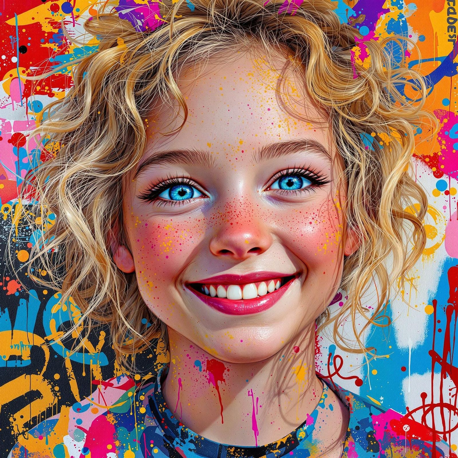 Blonde Girl with Freckles and Bright Blue Eyes in Vibrant St...