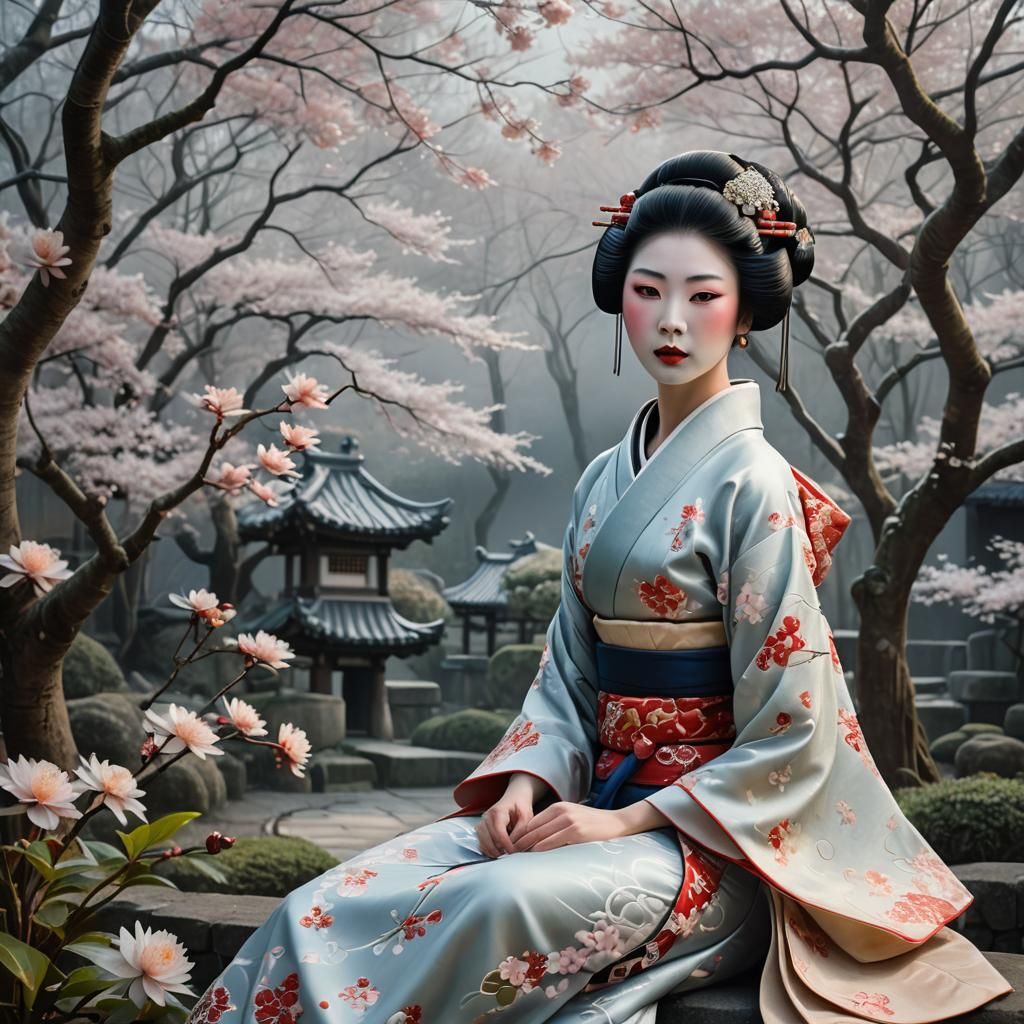 Fantastical Geisha in Winter Garden, Naive Traditional Style