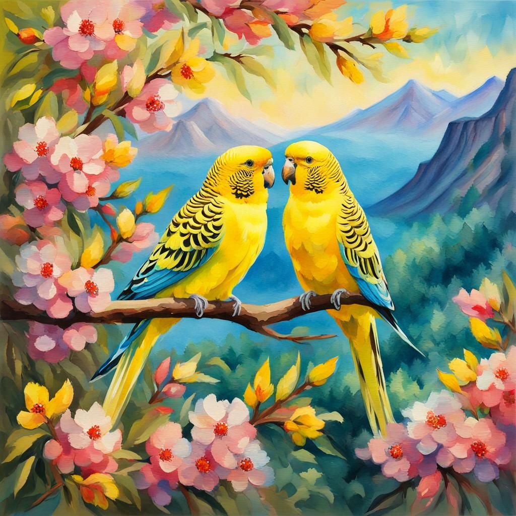 Budgies on a Blooming Tree in Gouache Style