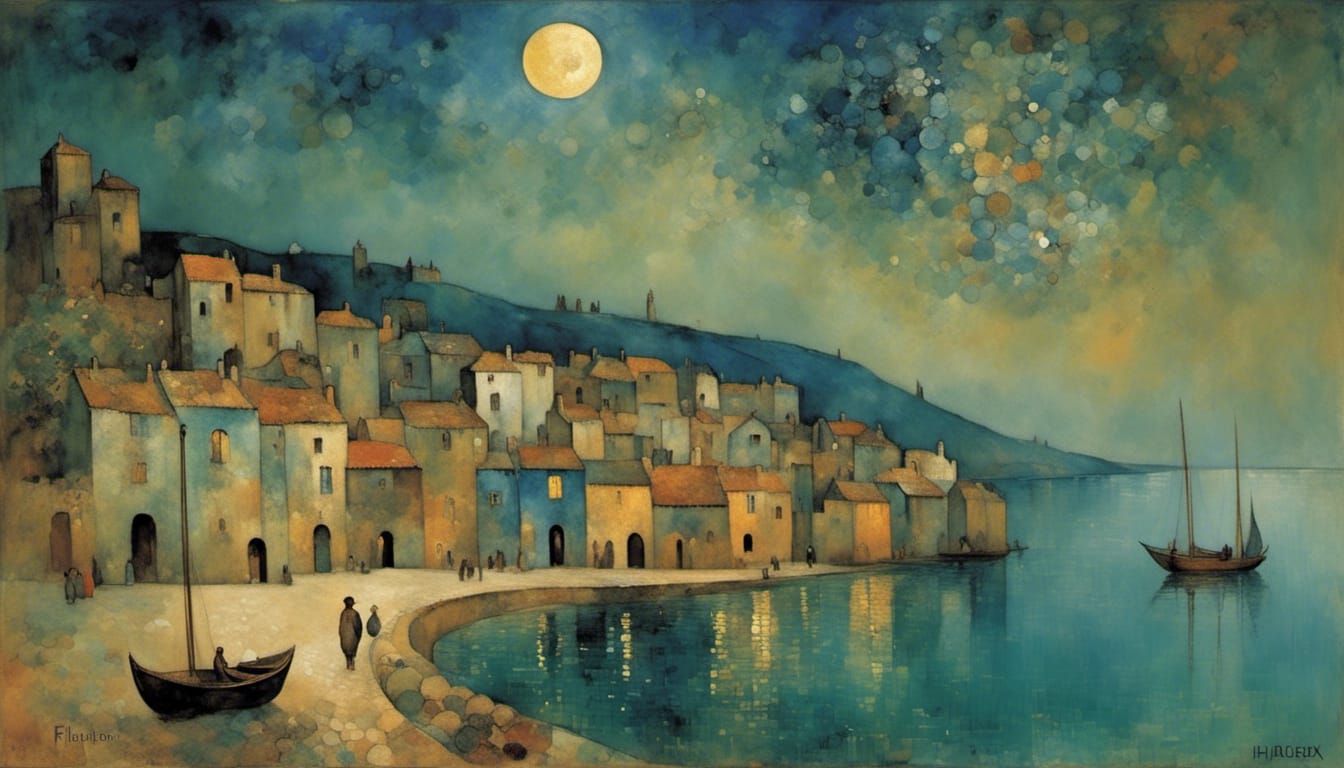 Moonlit Seaside Village in Decorative Style
