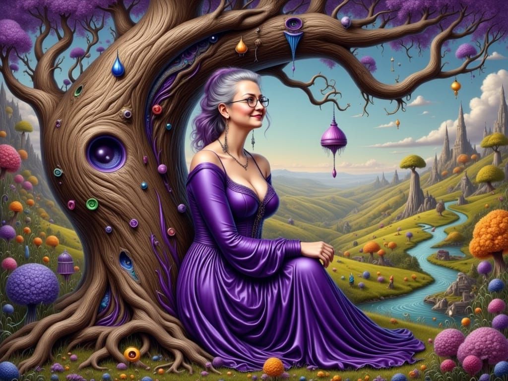 Woman in Whimsical Seuss-Style Landscape