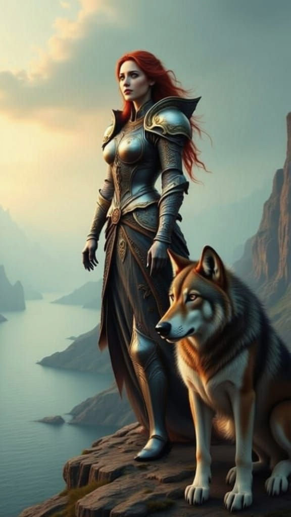 Fantasy Warrior AilynFia and Wolf on Cliff at Dawn