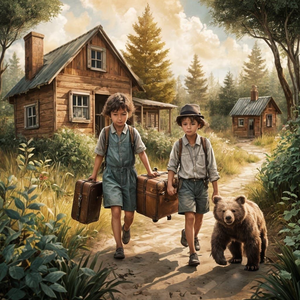 Children's Adventure with Bear in Wilderness Portrait