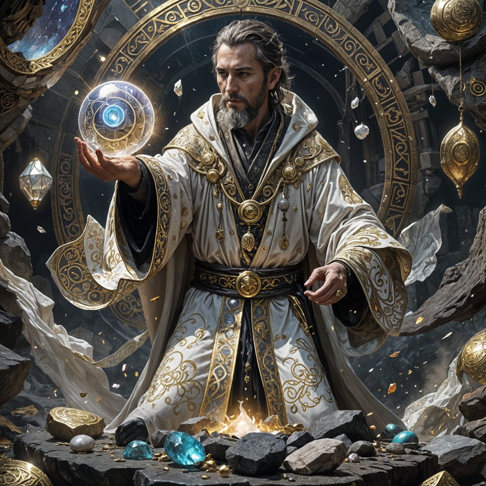 Magician Lifting Rock with Earth Magic in Dark Fantasy Style