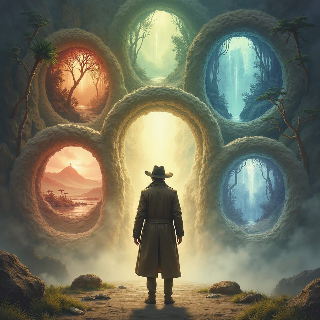 A Lone Figure Stands at the Threshold of a Multiverse Nexus