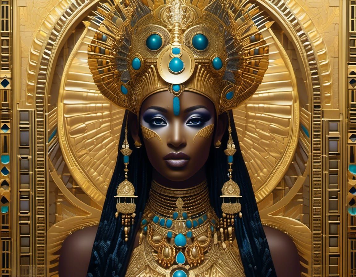 Hyperrealistic Isis Portrait with Gold Filigree