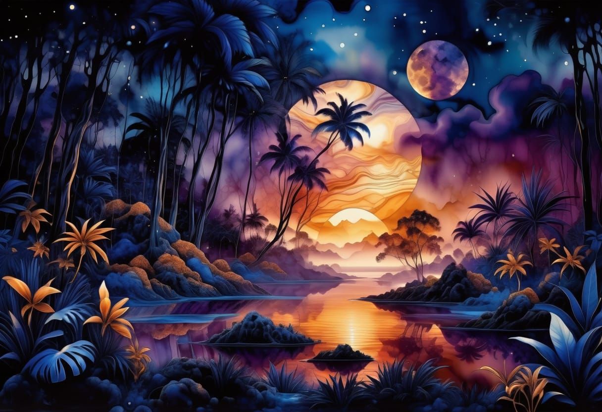 Dreamlike Tropical Scene in Alcohol Ink Style