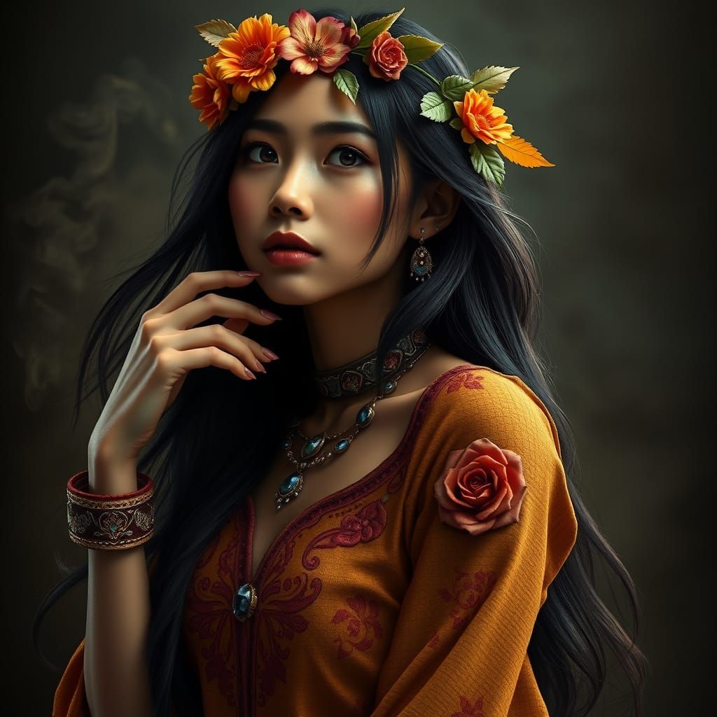 Exotic Bohemian Beauty in Vibrant Floral Attire