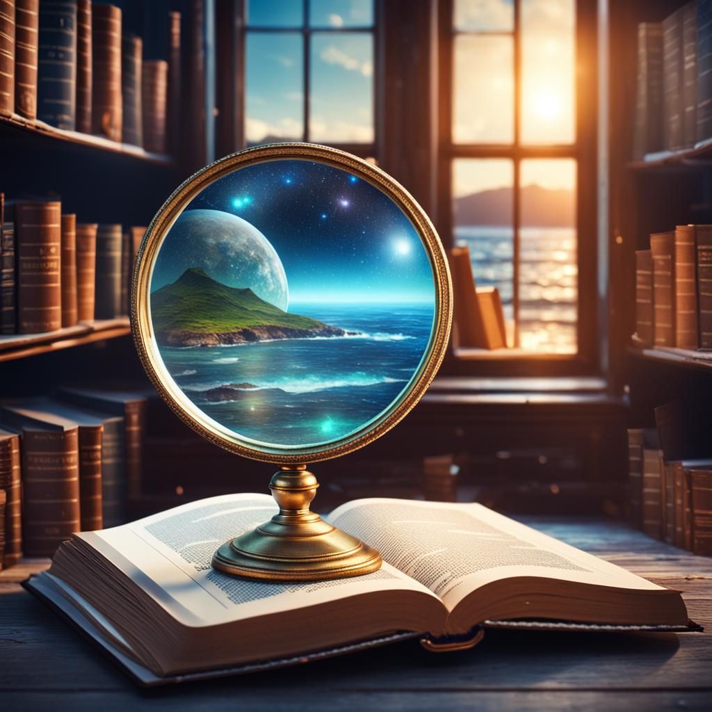 Magnifying Glass on Book in Library: Cosmic Art