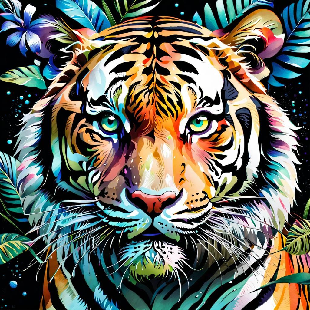 Tiger Face Collage in Watercolor and Ink Style