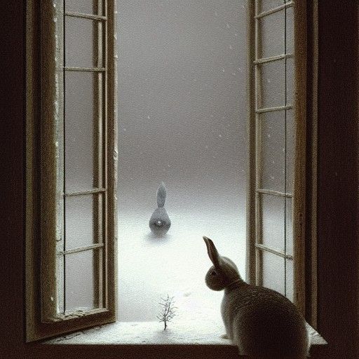 Lonely Rabbit in Window: Dark Fantasy Art