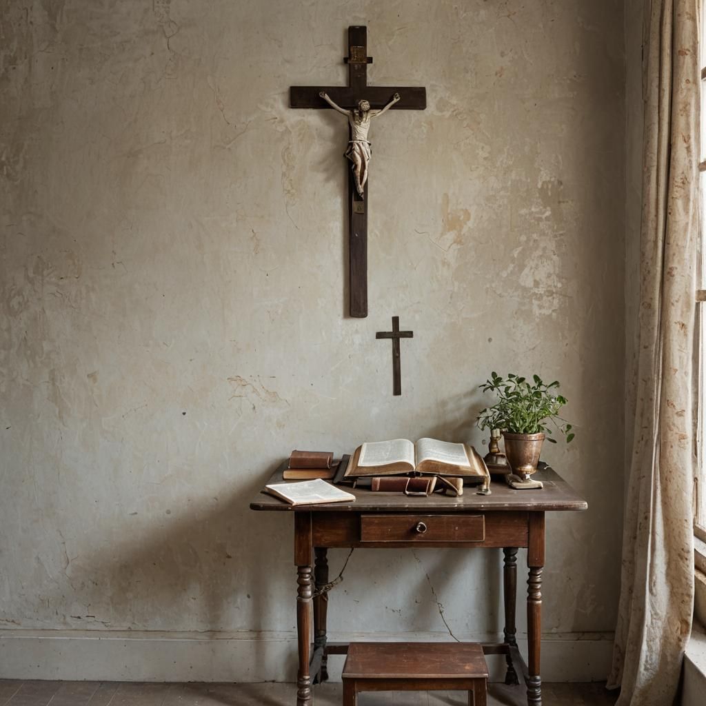 Antique Study Desk with Bible and Cross