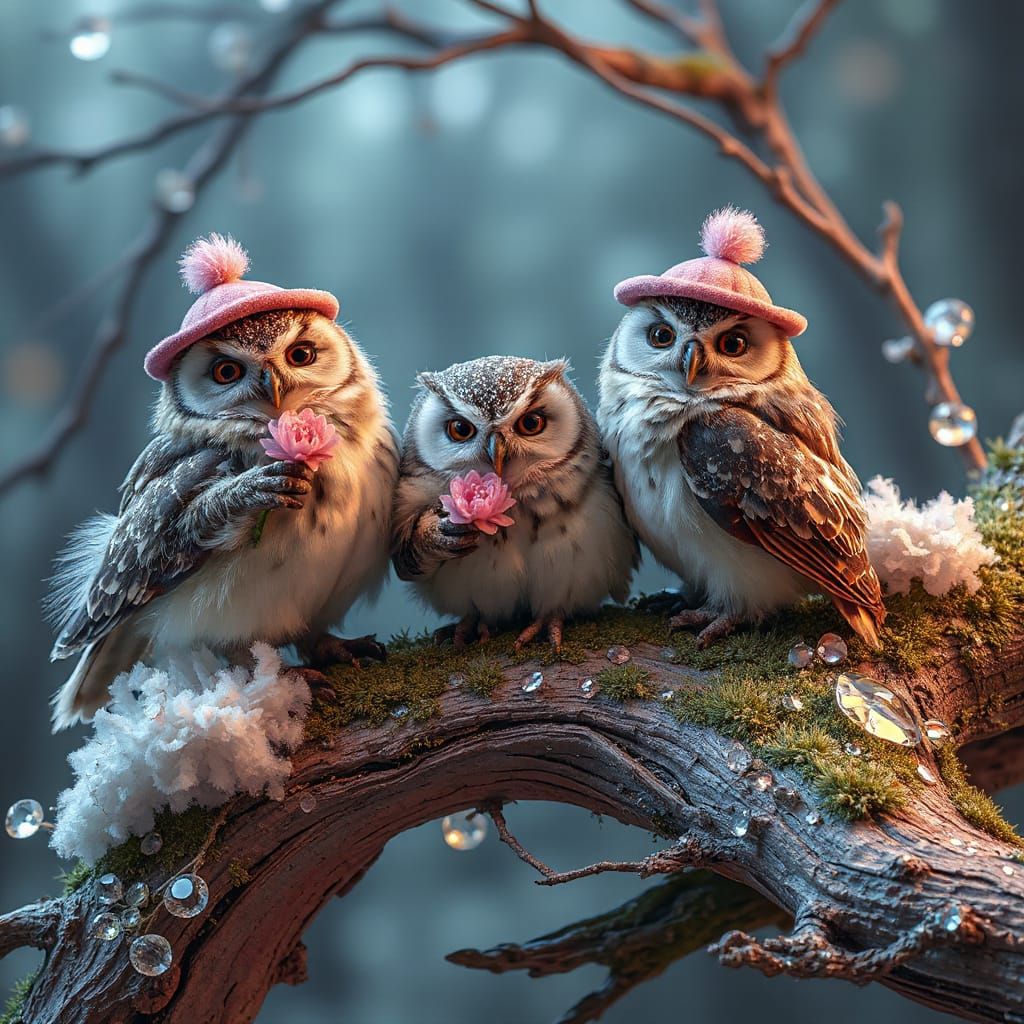 Jeweled Owls on Branch in Maximalist Style