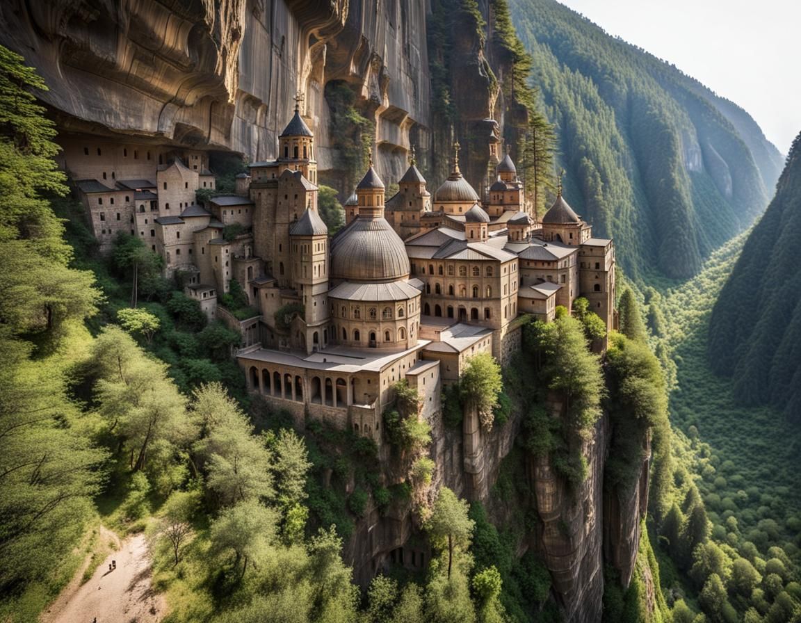 Secluded Cliffside Monastery with Waterfall in Matte Paintin...