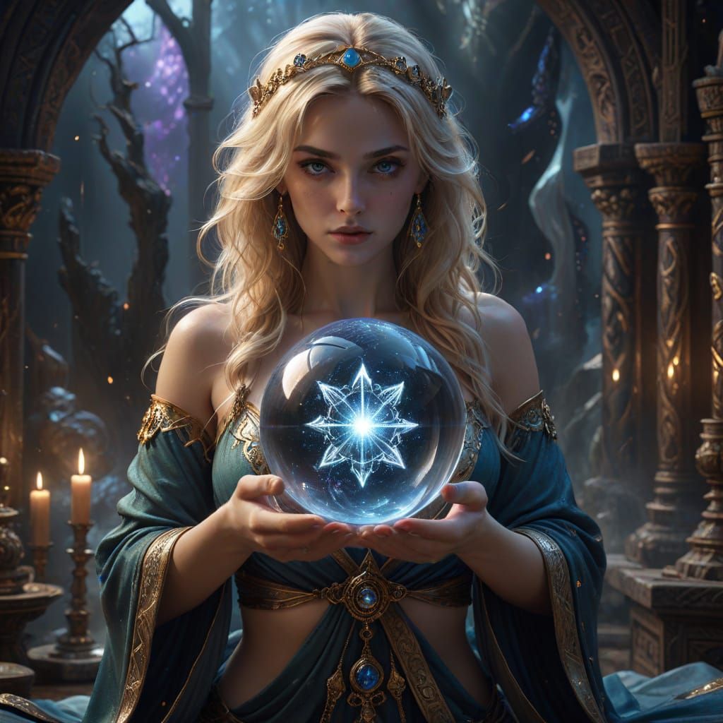 Enchantress Contemplating Ancient Mysteries in Soft Ethereal...