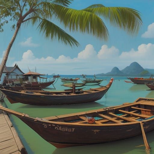 A quiet Cambodian port town with rafts and colorful ancient looking Khmer wooden boats as well as teal fishing boats. Pa...