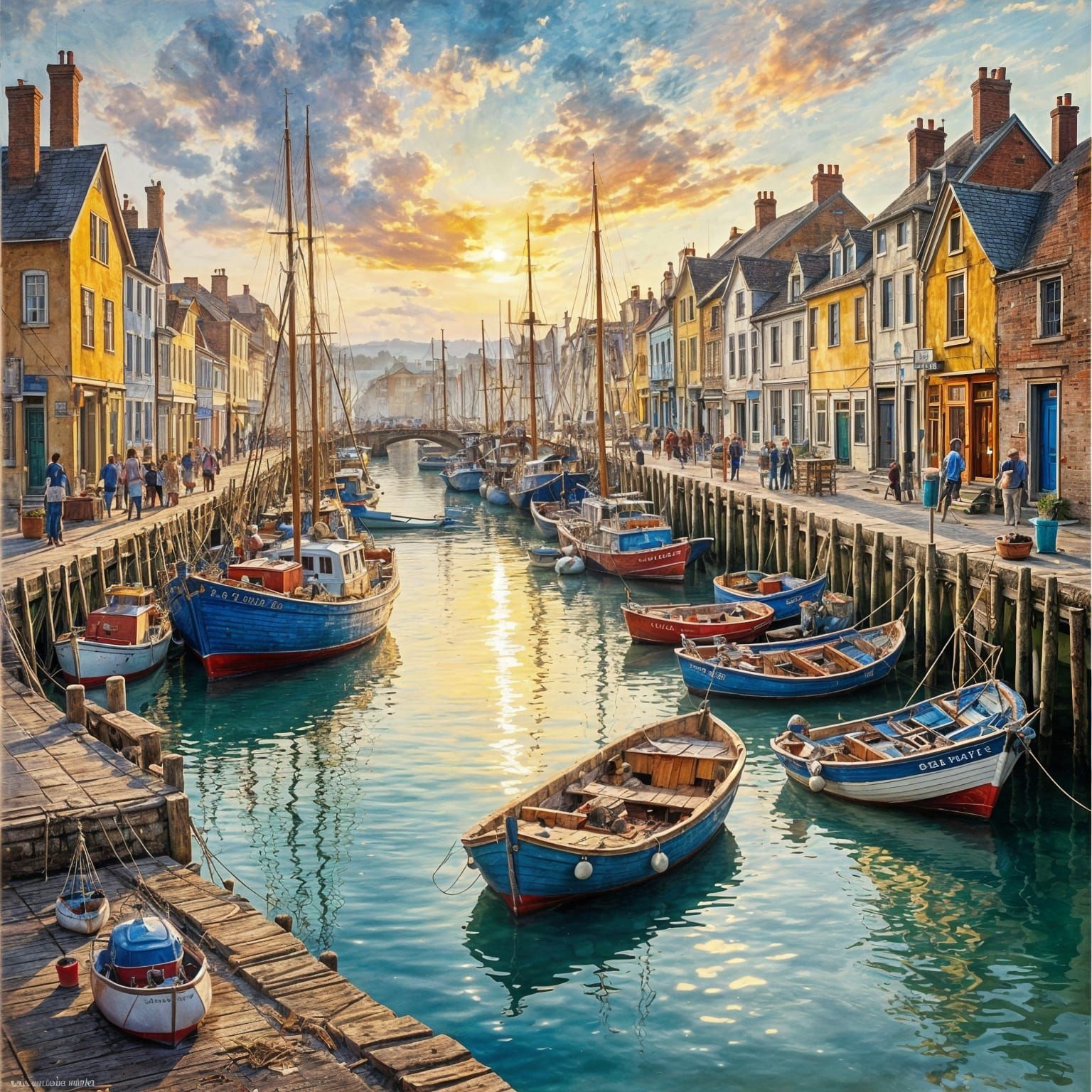golden hour at a quaint harbor, where fishing boats bob gent...