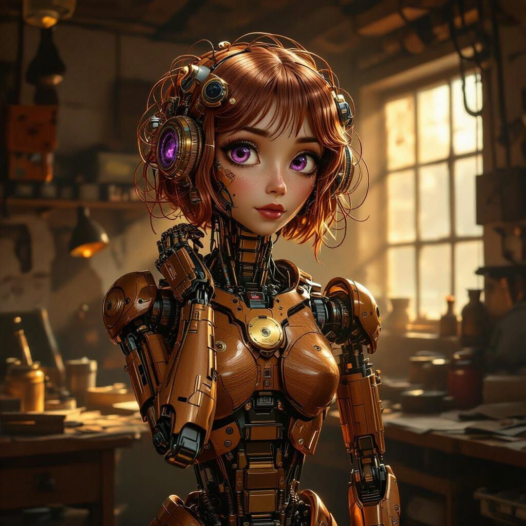 Teak and Brass Cyborg in Sunlit Workshop