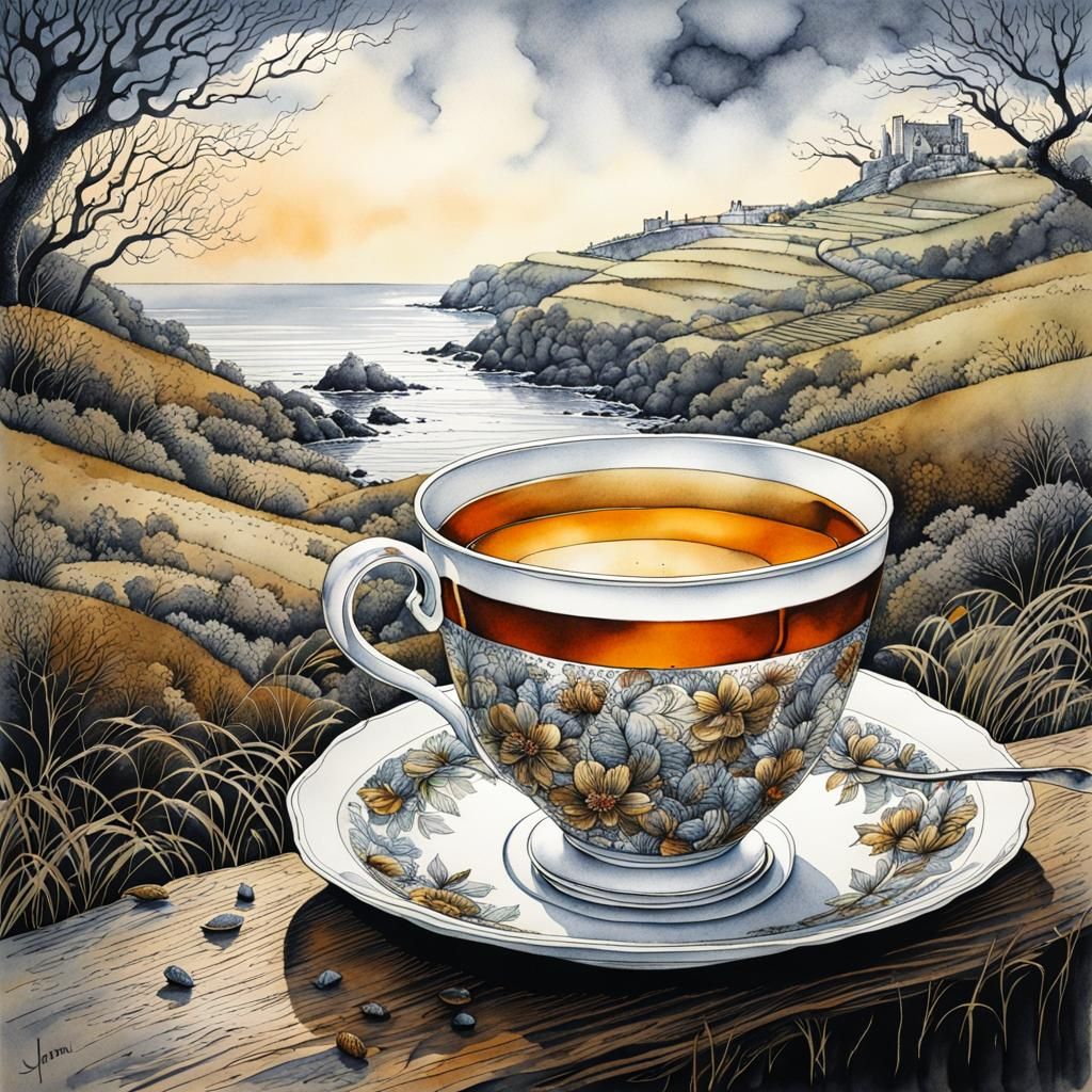 Magical Tea Break in Cornwall: Watercolor Painting