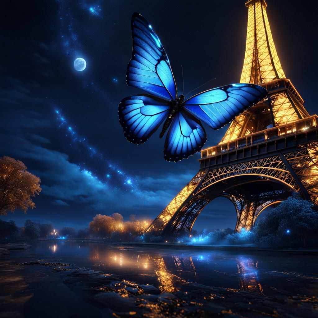 Mystical Blue Butterfly with Eiffel Tower Backdrop