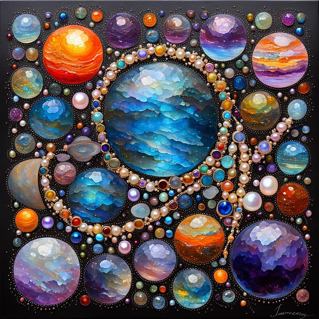 Rainbow Fantasy Oil Painting with Planets and Gems
