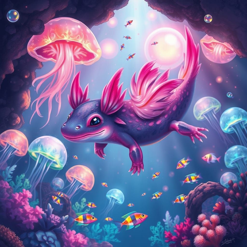 Axolotl in Whimsical Underwater Wonderland