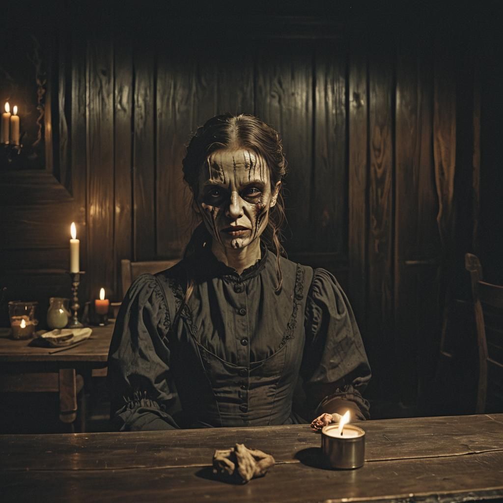 Disfigured Peasant Girl in Dark Room: Cinematic Still