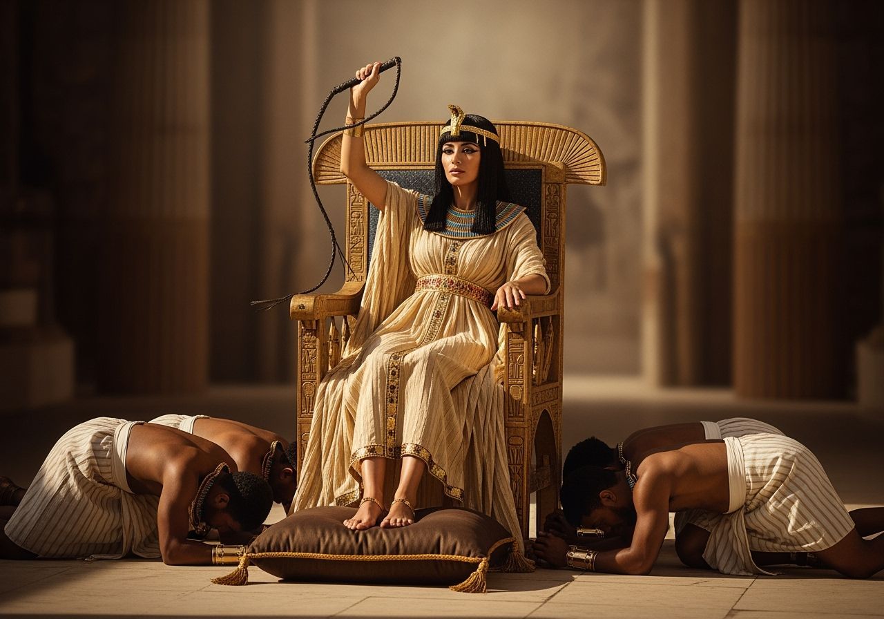 Egyptian Queen on Isis Throne in Lavish Gold Toga