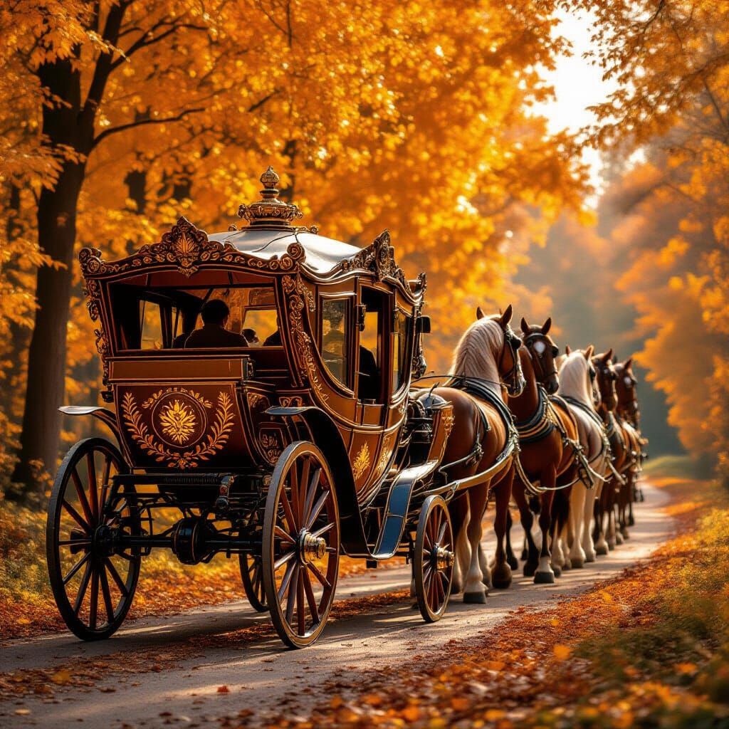 Golden Carriage in Autumn Forest with Mystical Horses