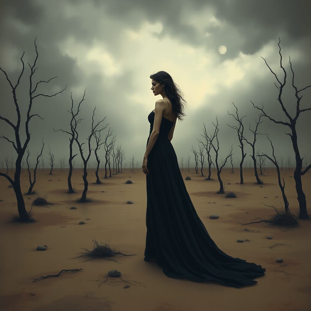 Melancholic Woman in Desolate Landscape Art