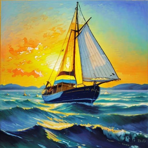 Impressionist Masterpiece of a Striped Boat on a Striped Sea