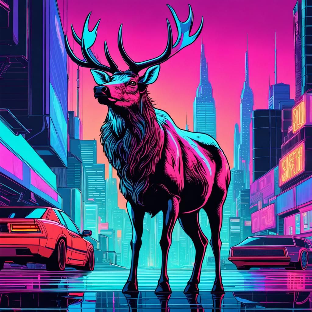 Synthwave Elk in Cyberpunk Cityscape