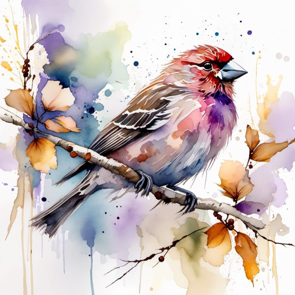 Watercolor House Finch on Birch Branch in Spring