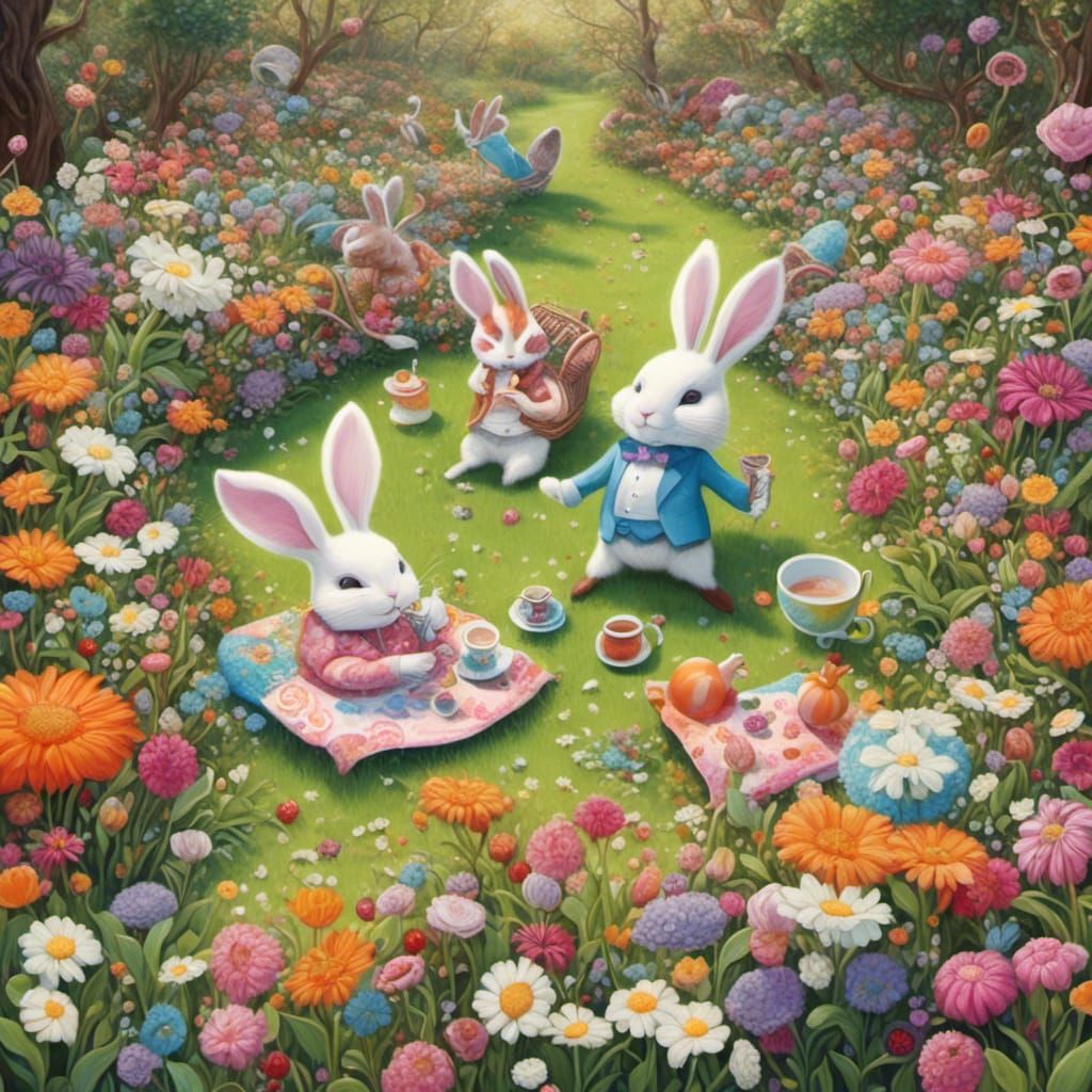 Rabbits' Tea Party in a Candyland Garden