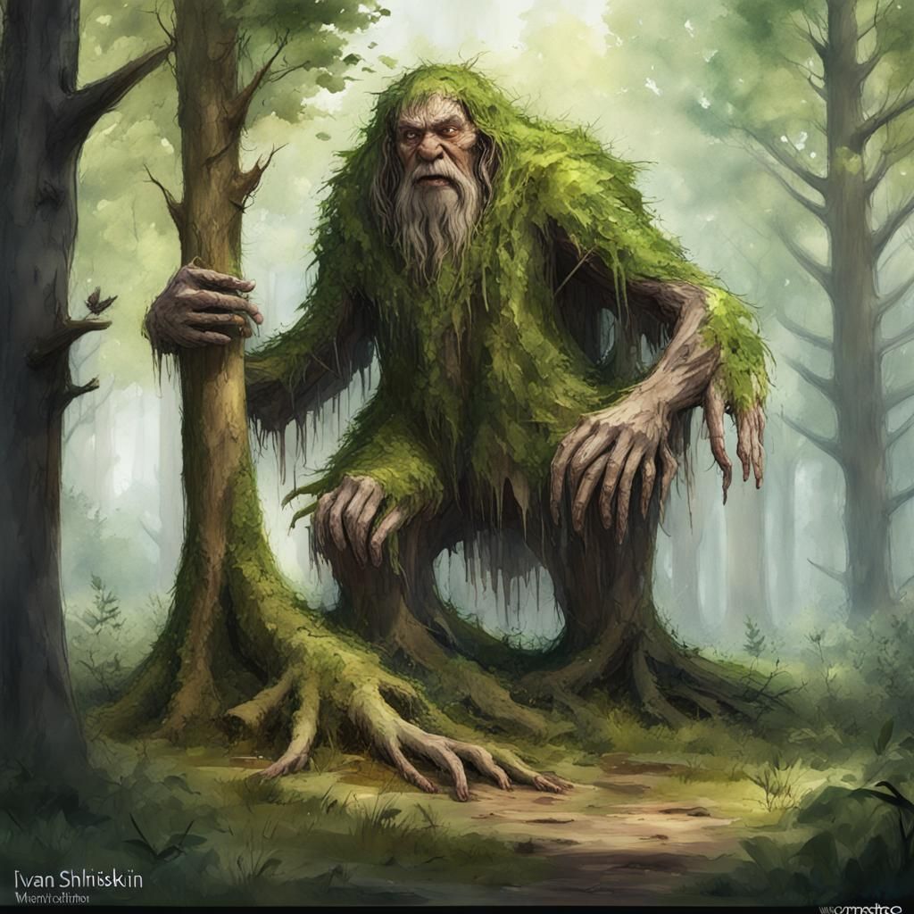 Kind Willow Stump Monster in Forest, Watercolour Sketch