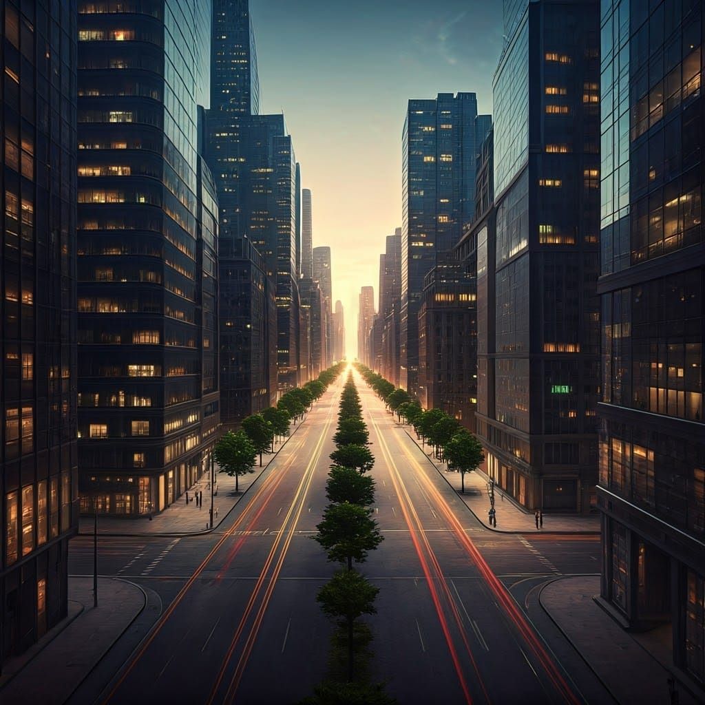 Futuristic Metropolis at Twilight in Gigapixel Detail