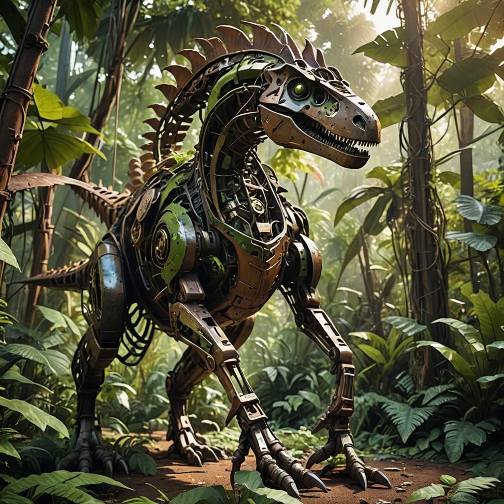 Metal Dinosaur Sculpture Roaming in Jungle