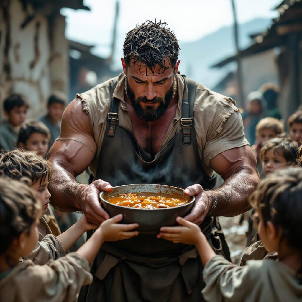 Muscular Man Shares Food With Eager Children