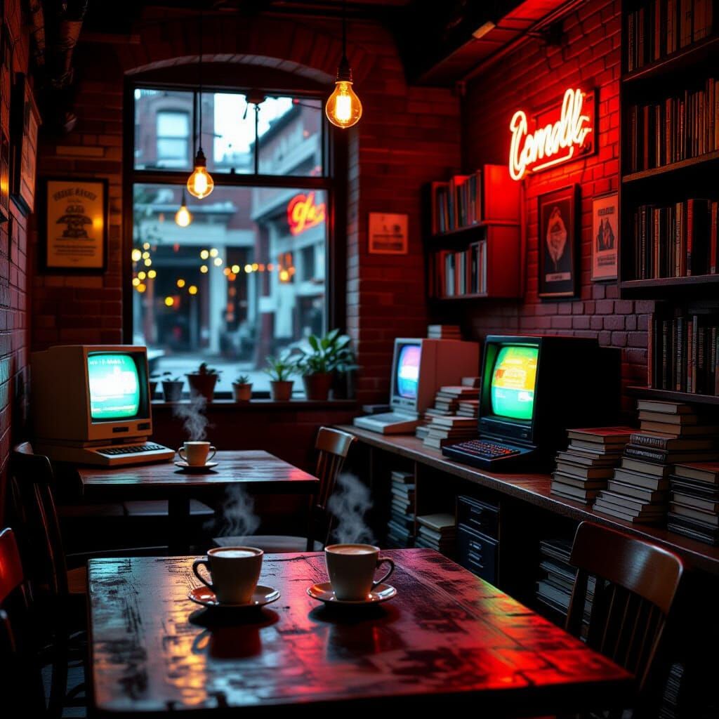 Empty Punk Rock Cafe at Dusk, Moody Urban Atmosphere