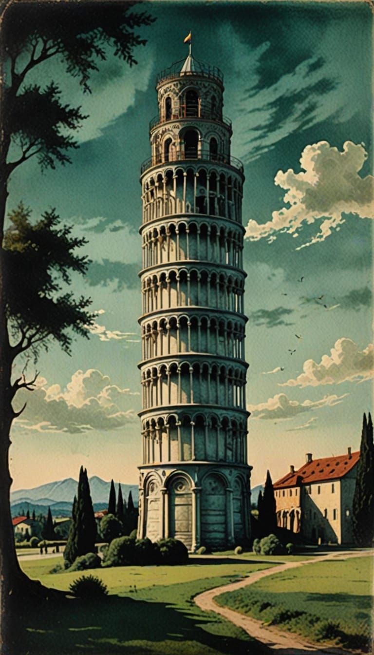 Velvet Dreamscapes of Pisa's Leaning Tower in Creepy Cel-sha...