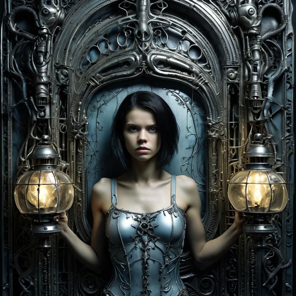 Biomechanical Woman with Lantern in Gothic Setting
