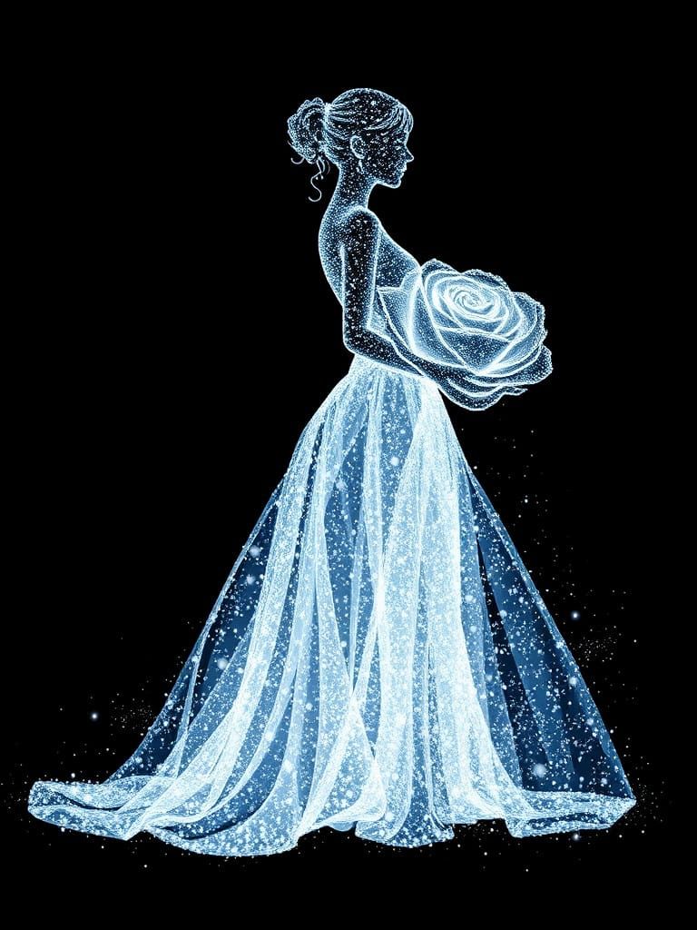 Ghostly Silhouette in Glittering Rose Dress on a Dark Backgr...