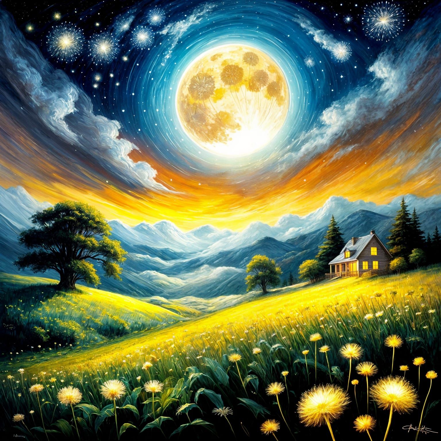 Moonlit Dandelion Field Under Starry Night Sky