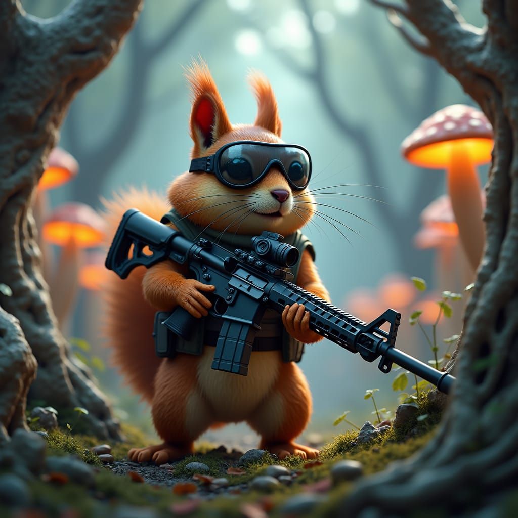 Tactical Squirrel in Mystical Forest, Fantasy Matte Painting