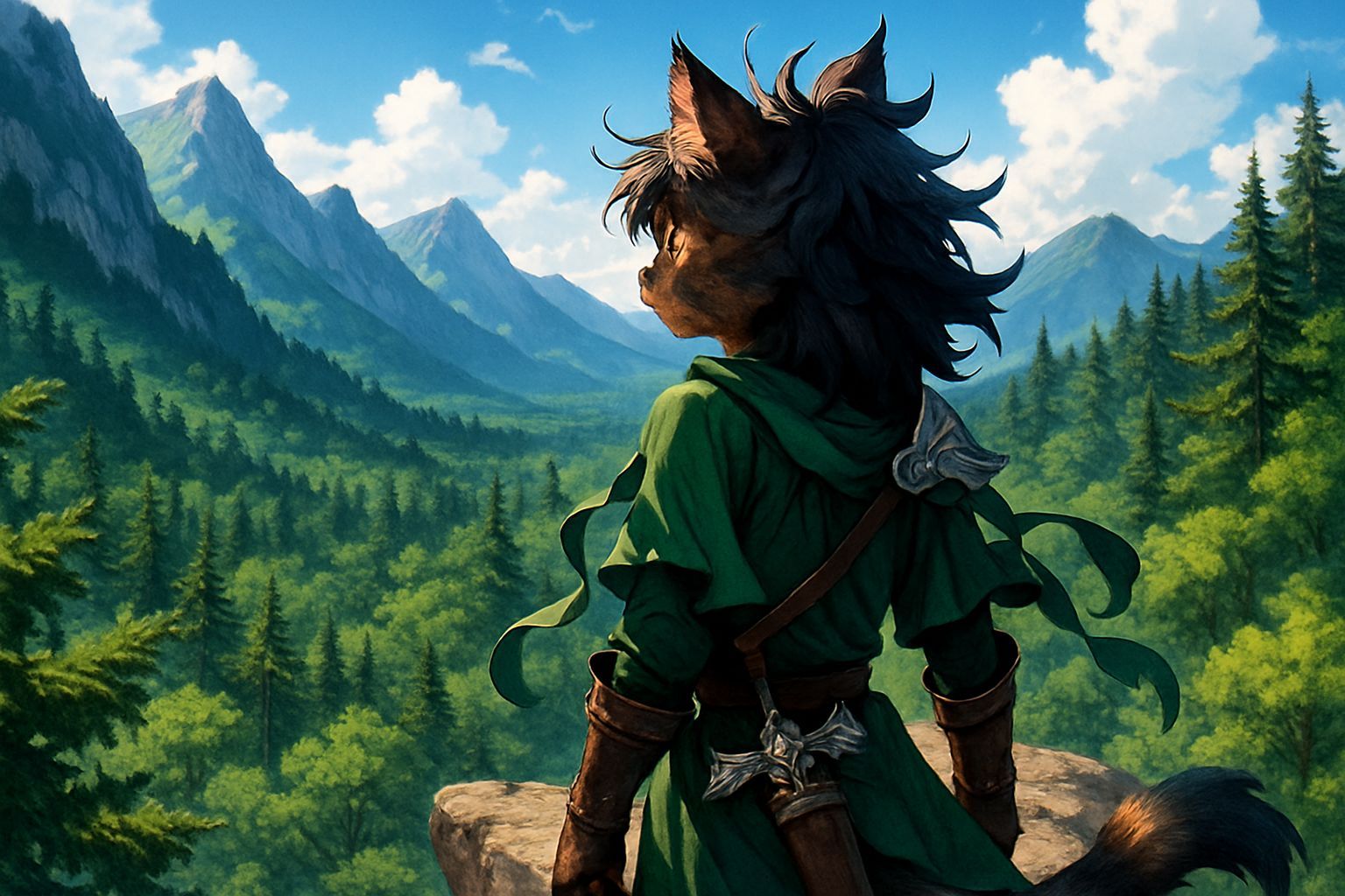 Anime Forest Landscape with Furry Cat Heroine