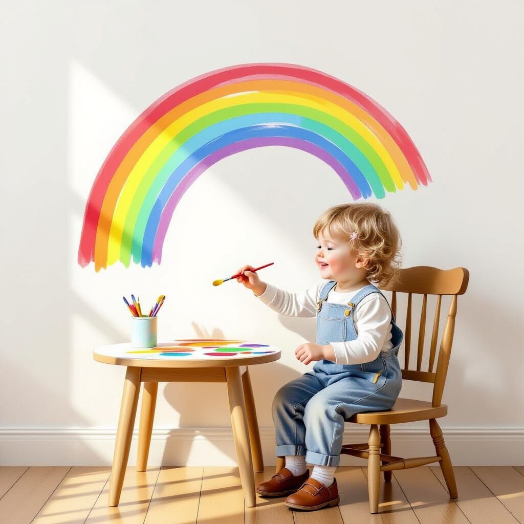 Joyful Child Paints Rainbow in Storybook Style