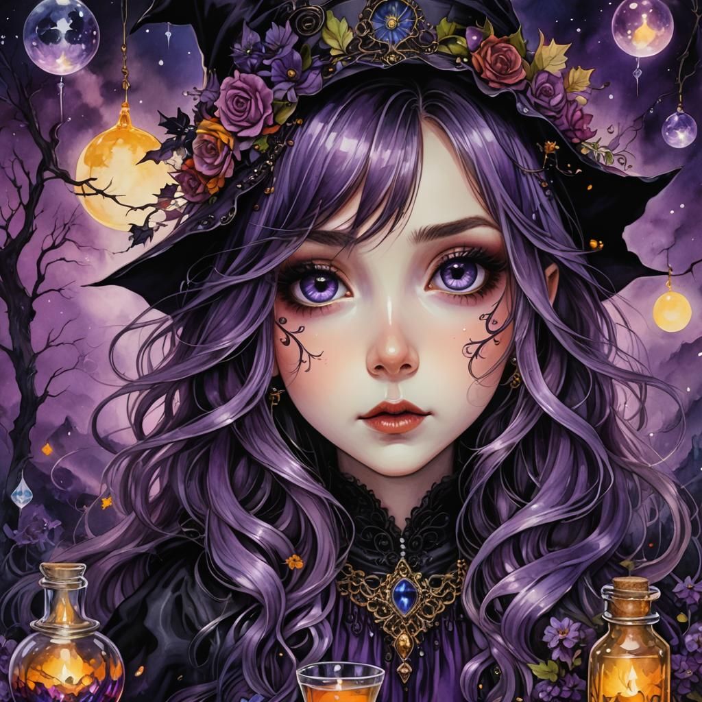Gothic Chibi Witch in Dark Fantasy Dreamscape